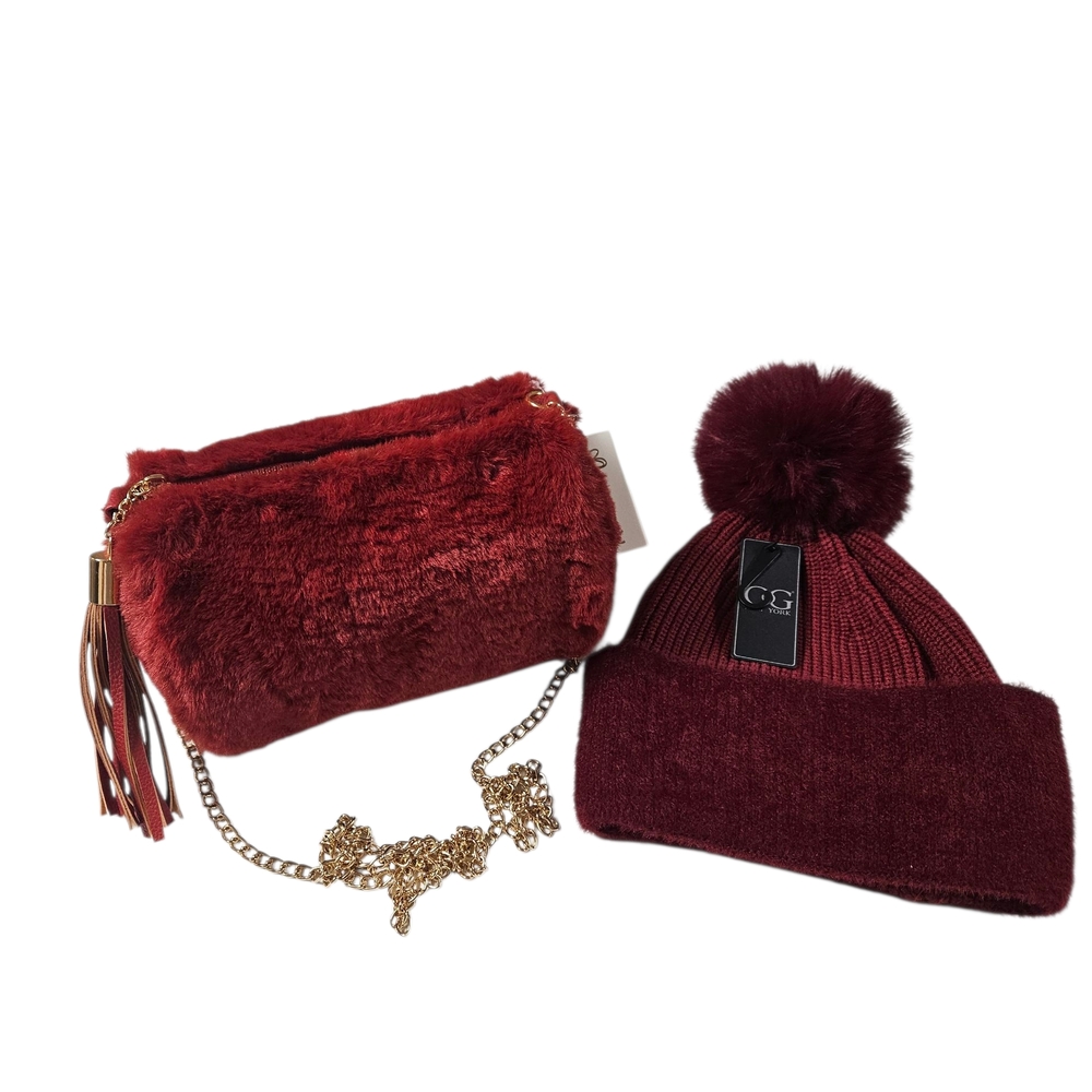Burgundy Faux Fur Bag and Knit Beanie Set